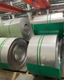 Stainless steel coils with steel strapping in a storage hall, UZX-942, image 2