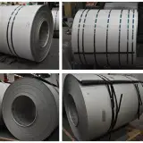 Stainless steel coils with steel strapping in a storage hall, UZX-942, image 3