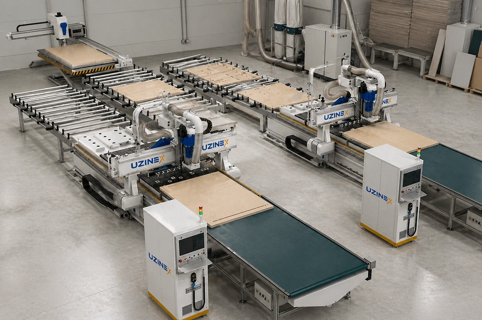 Celulă CNC de Nesting pentru Mobilă | 2 Routere ATC, 240 Panouri/8h, Etichetare Automată