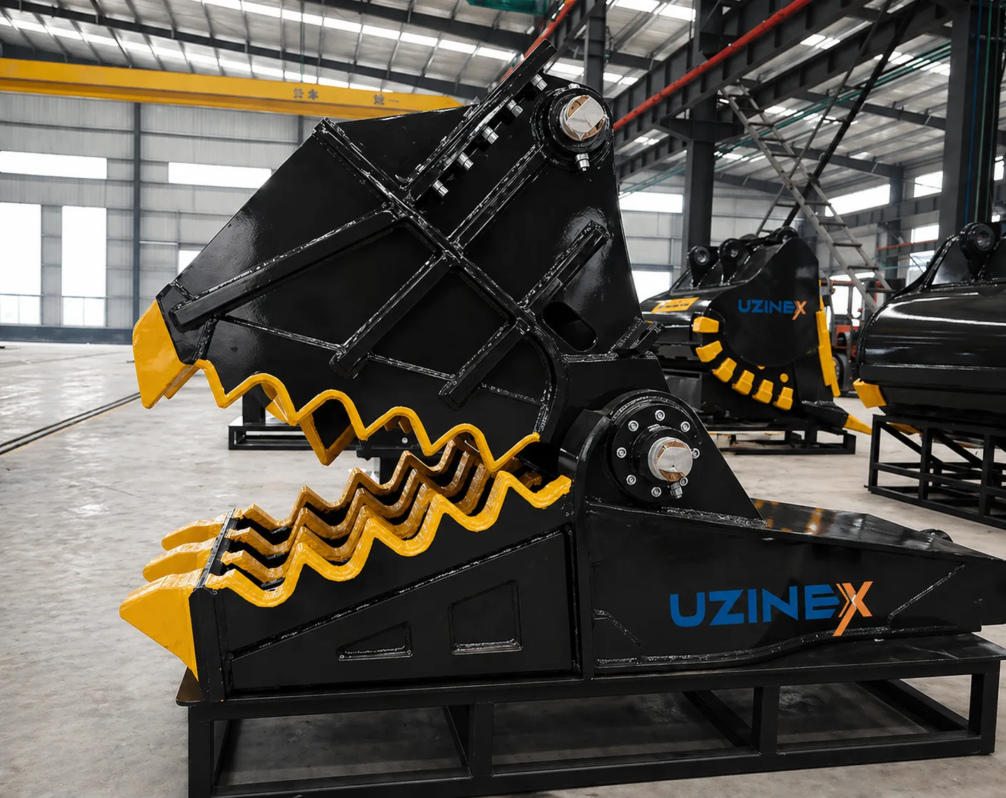 Concasor mecanic de beton pentru excavator, cu fălci dințate și rotație, pe suport în hala de producție