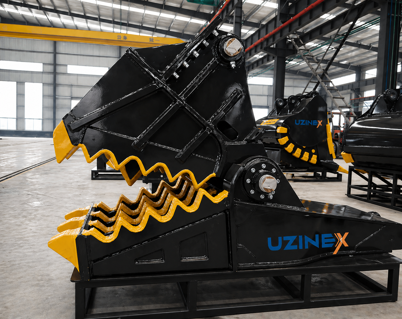 Concasor mecanic de beton pentru excavator, cu fălci dințate și rotație, pe suport în hala de producție