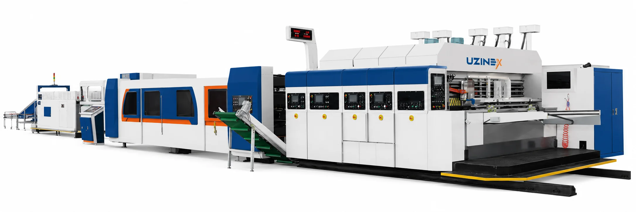 Mașină flexo printer slotter die cutter UZINEX HX Series cu tipărire inferioară vacuum și cerneală pe bază de apă