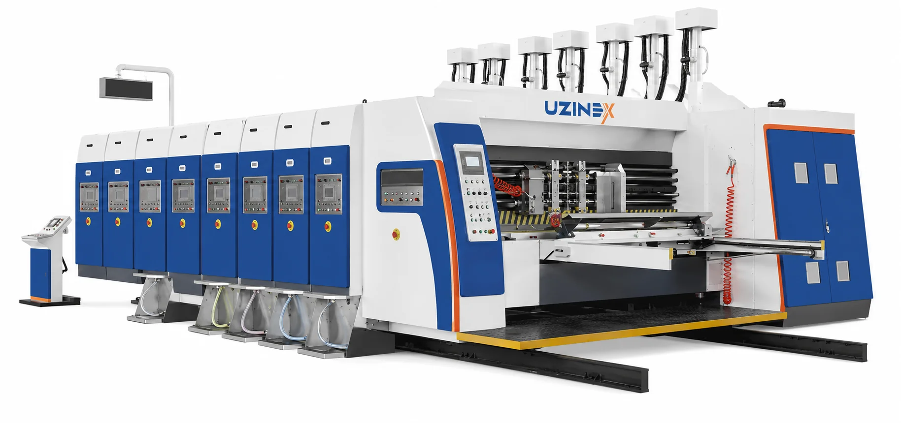 Mașină de imprimare, slotting și ștanțare UZINEX HS High Speed Series cu pompă vacuum 7,5 kW frecvență variabilă și cerneală pe bază de apă