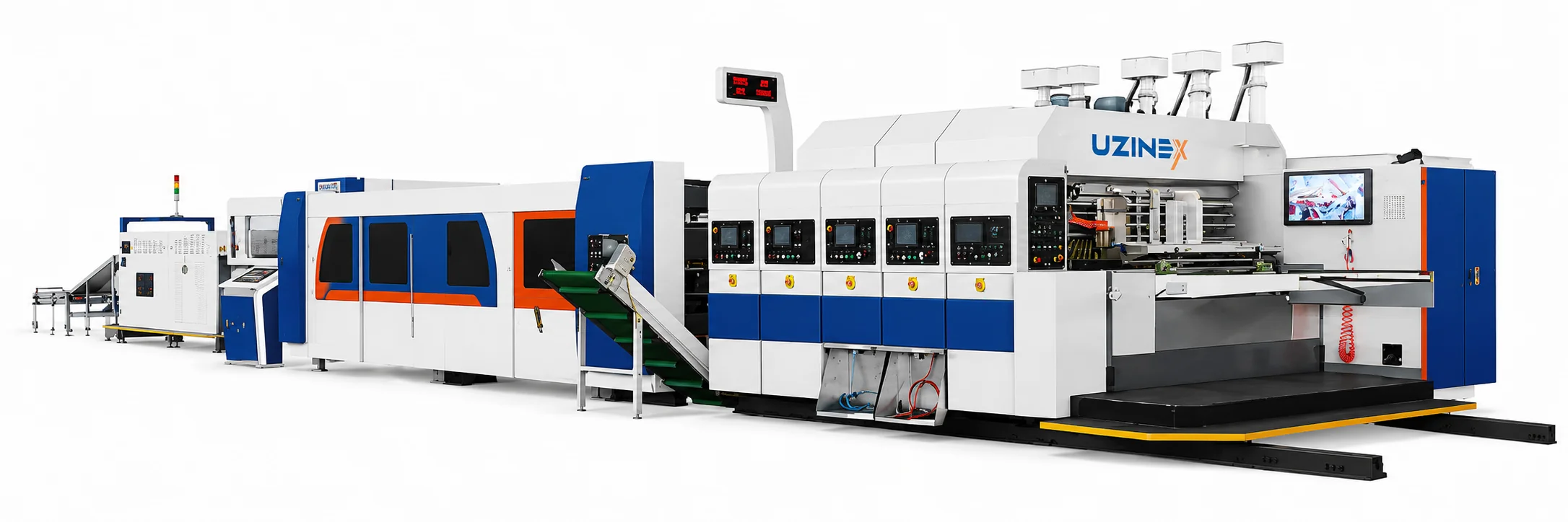 Linie integrată UZINEX HX Series Folder-Gluer pentru tipărire, pliere și lipire cutii din carton ondulat cu vacuum inferior și 6 operații în flux continuu