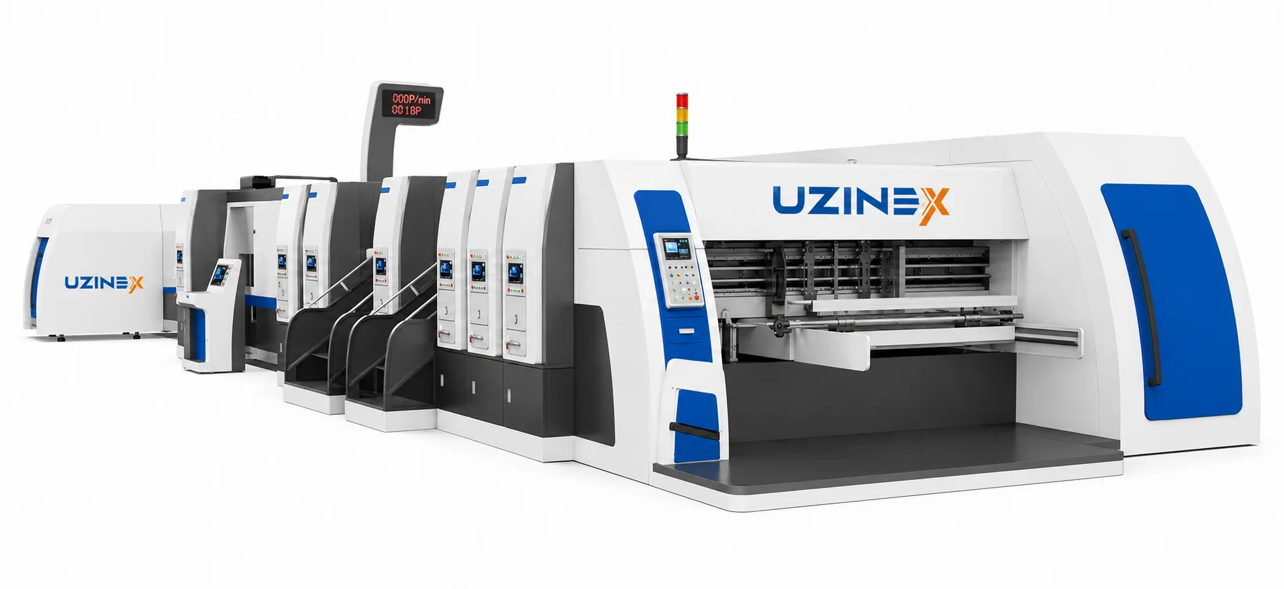 Mașină de lipire și pliere cutii din carton ondulat UZINEX HS-A Series Folder-Gluer cu memorie inteligentă, viteză 350 buc./min și conectivitate ERP