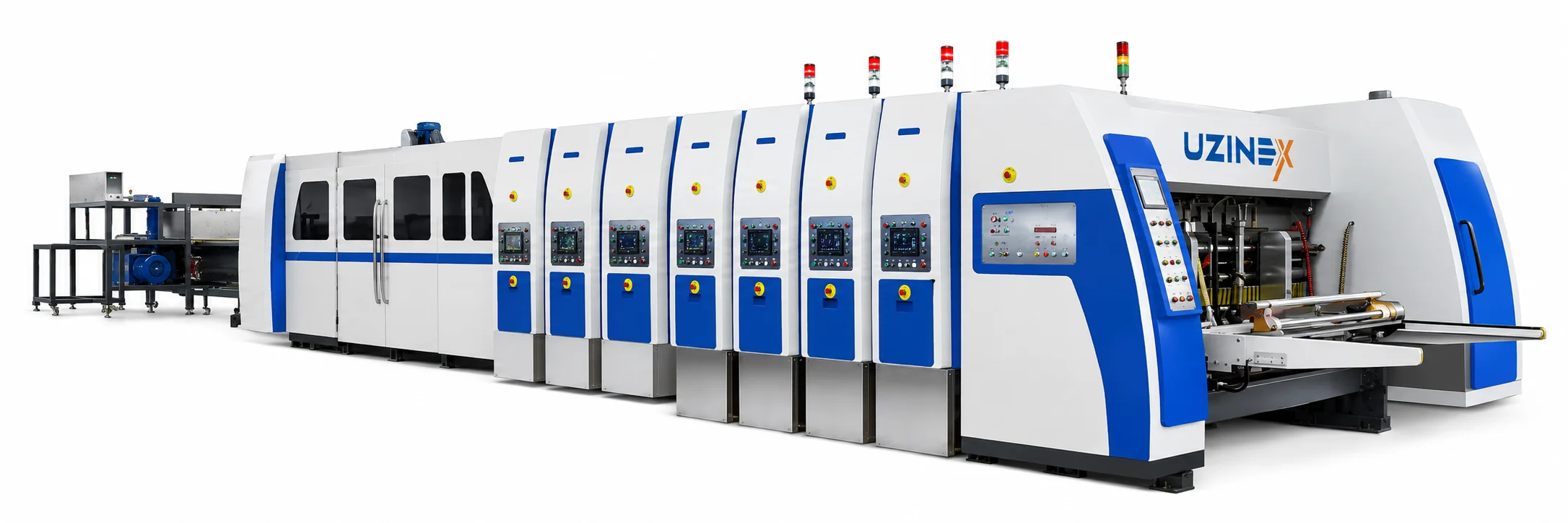Mașină folder gluer carton ondulat UZINEX HS-B Series cu pod de pliere extins și suport central de înaltă rezistență