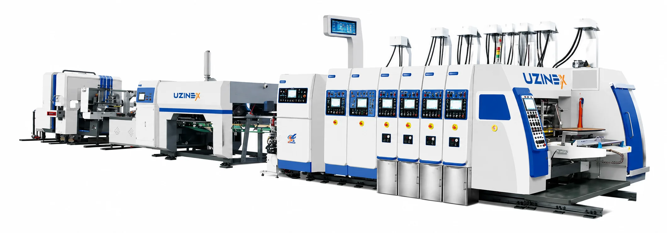 Mașină automată de lipire și pliere cutii mici din carton UZINEX HS-C Series cu PLC touchscreen și cap de lipire servo cu reglaj electric pe 4 direcții