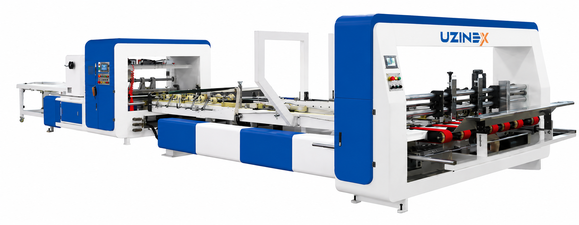 Mașină automată de lipire cutii din carton ondulat UZINEX YF-C Series compactă cu 3 module și dublu invertor de frecvență sincron