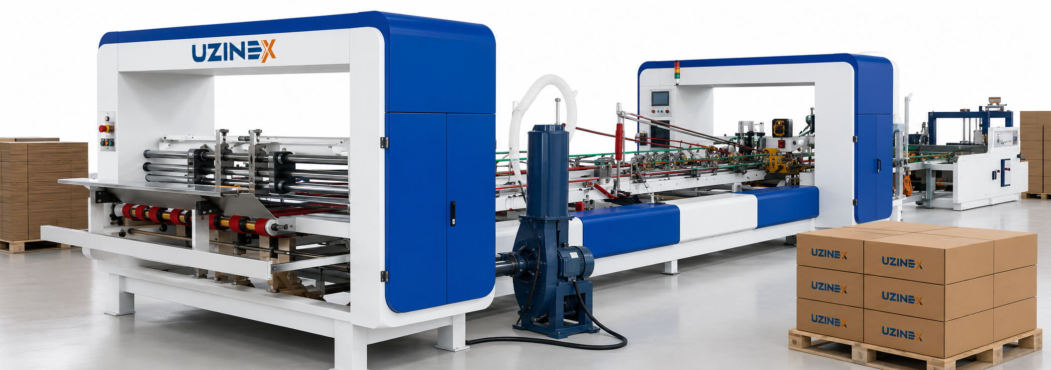 Mașină de stitching cutii din carton ondulat UZINEX YF-D Series cu structură down type și cap de cusut din Taiwan la 600 cuie/minut