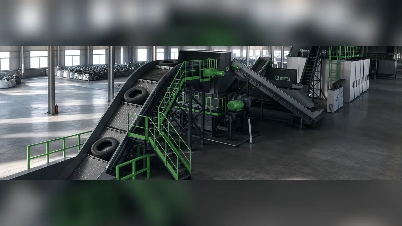Sistem reciclare anvelope, vedere de ansamblu a liniei complete pentru anvelope uzate