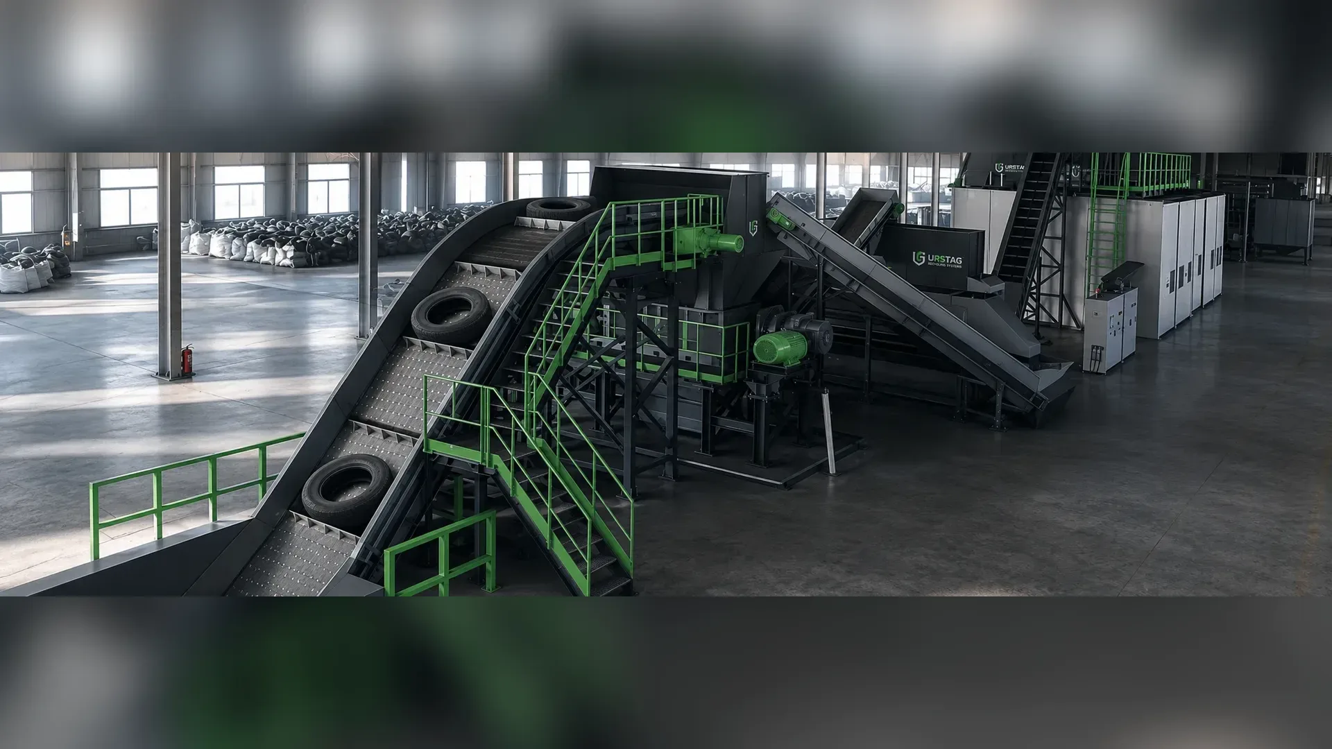 Sistem reciclare anvelope, vedere de ansamblu a liniei complete pentru anvelope uzate