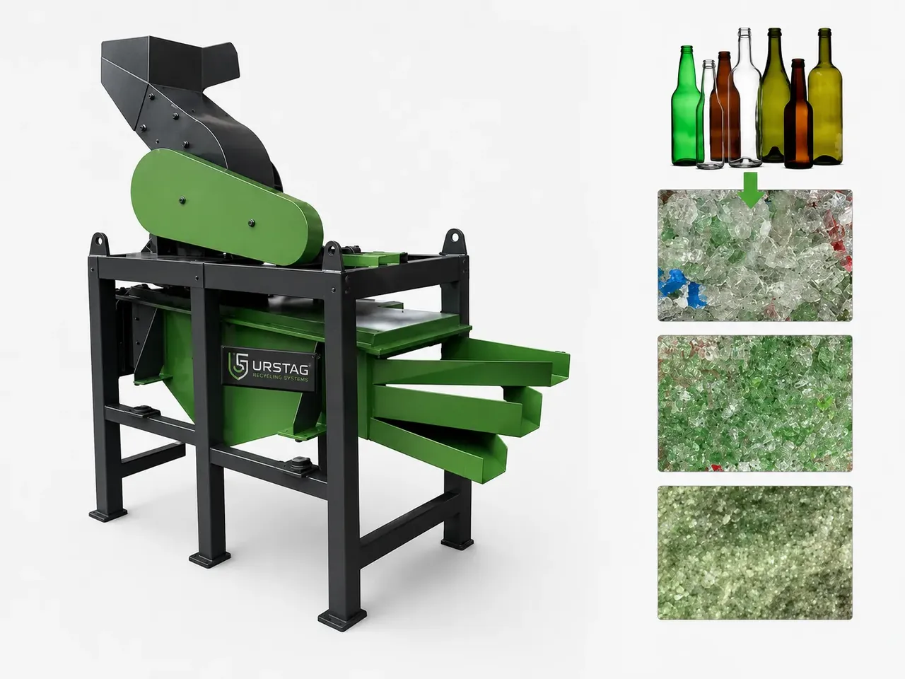 Mașină zdrobire și sortare sticlă pentru cioburi curate gata de retopire