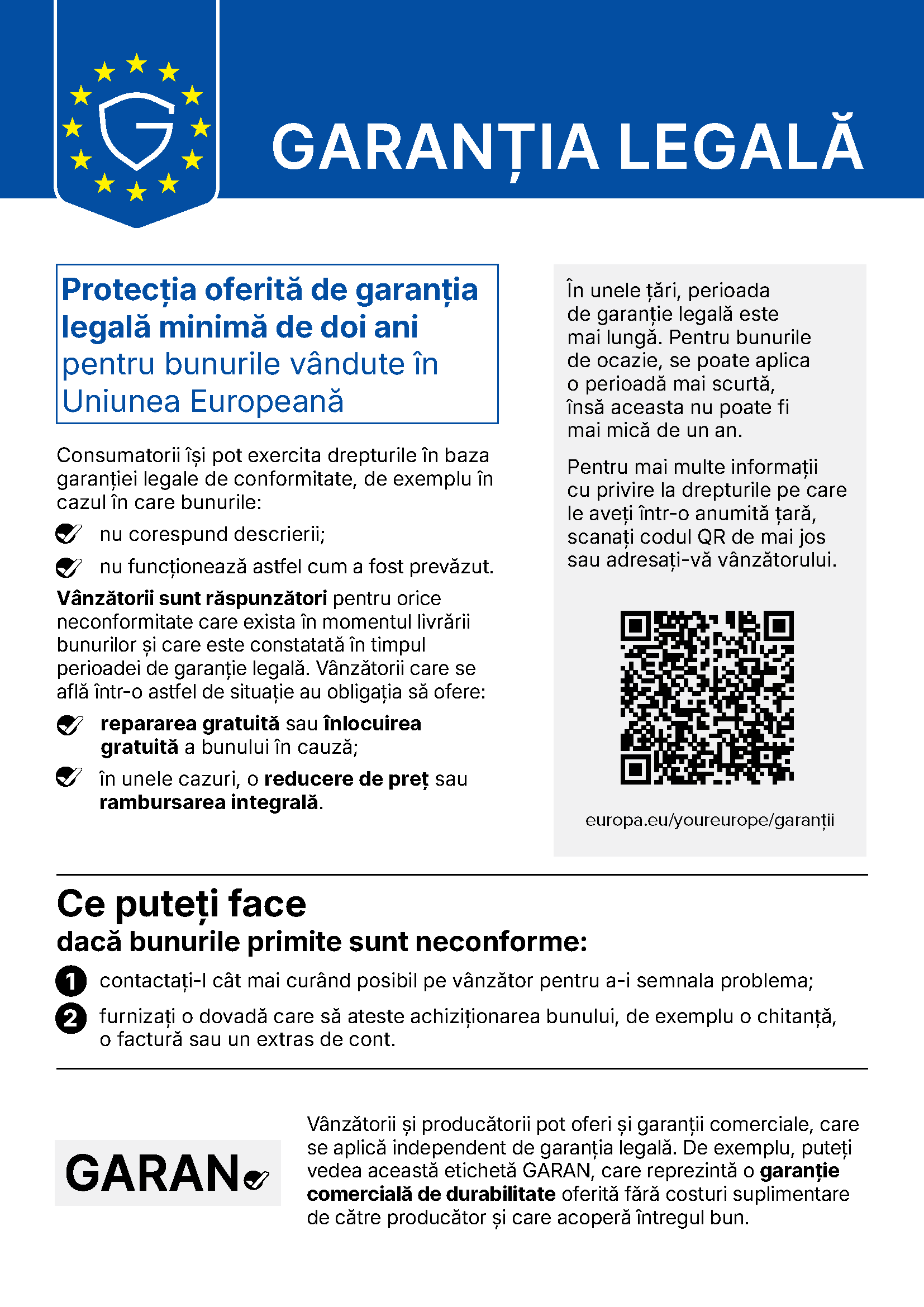 Notificarea armonizată UE privind garanția legală de conformitate de minimum doi ani